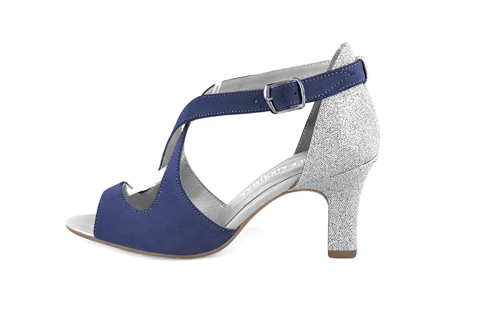 Women's prussian blue and silver elegant sandals closed at the back with crossed straps. Round toe. High kitten heels - Profile view